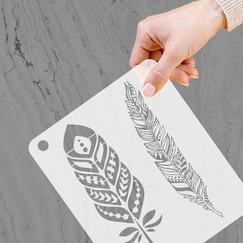 YKW Feather Stencils for Painting, 6 Pack Reusable Boho Feather Templates, DIY Art Supplies for Wall Decor, Fabric, Wood, Canvas - Tribal Bohemian Craft Stencil Set,Mandala Style Fusion - Image 5